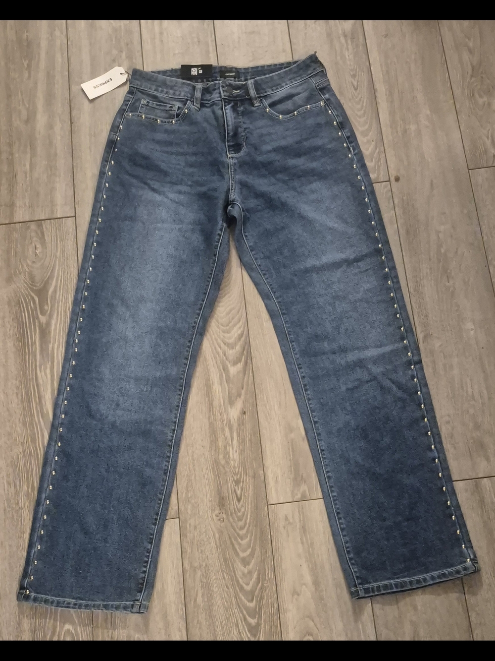 Express Women's Medium Blue Stud-Trim Straight Leg Jeans